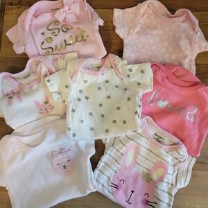 Lot of 7 NWOT Baby Girl Onesies. 6 by Gerber (0-3 mos.) 1 by Carters (NB)